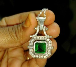 14k White Gold Over 2.20Ct Asscher Cut Simulated Emerald  Halo Pendant - £49.32 GBP