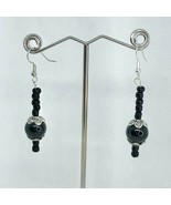Handcrafted Beaded Drop Earrings Black &amp; Silver Beads Shiny Jewelry NEW - £11.73 GBP