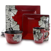 Elama Stoneware Dinnerware Collection, 16 Piece, Red with White Flower Accents - £65.30 GBP