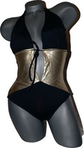 NWT FABUCCI swimsuit plunging halter metallic gold lame black XS 1pc tank - $96.99