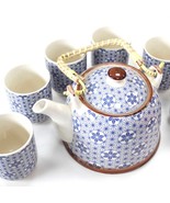 Blue Star Design Ceramic Herbal Teapot / Strainer / 6 Matching Cup Set - $45.06 CAD