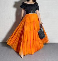 A-line Orange Tiered Tulle Skirt Floor Length Plus Size Wedding Guest Tutu Skirt image 1