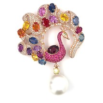 14k Rose Gold Pfau Brosche W / Circa 21ct Sapphire&amp;ruby,2ct Diamant,15mm... - $5,659.05