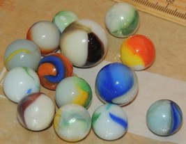 Lot of 14 Milky Swirl Marbles 1/2 &amp; 5/8 &amp; 7/8 question mark slag striped opaque - £23.37 GBP