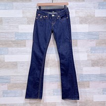 True Religion Flap Boot Cut Jeans Blue Dark Wash Low Rise Stretch Womens 27 - $44.54