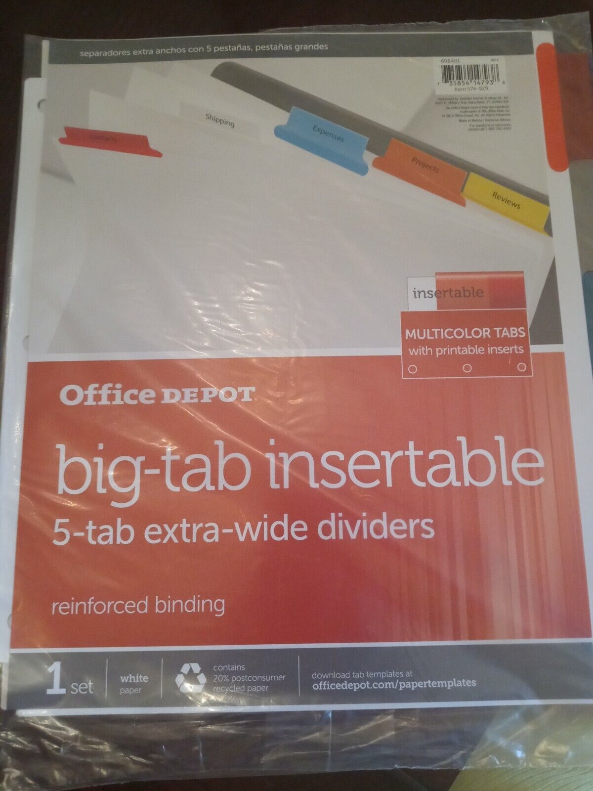 Office Depot Big-gab Insertable 5-tab Extra-wide Dividers - $15.72