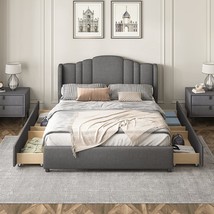 Merax Contemporary Upholstered Wingback Bed Frame With Drawers Wood Plat... - $449.98