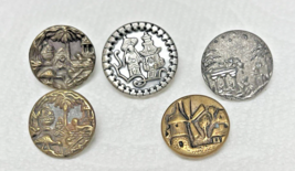 5 Vintage Metal Buttons w Buildings Birds Windmills and More 1/2-5/8 inch - $16.34