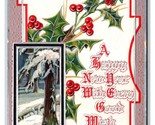 Forest Scene w Holly Happy New Year UNP Foiled Embossed Unused DB Postca... - £5.65 GBP