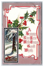 Forest Scene w Holly Happy New Year UNP Foiled Embossed Unused DB Postcard J18 - £5.61 GBP