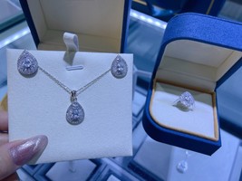 Luxury Design 925 Sterling Silver Jewelry Set Water Drop Diamond Jewelry Square  - £73.70 GBP