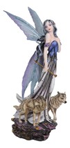 Pretty Fairy In Evening Gown With Gold Wand Accompanied By Gray Wolves Figurine - £39.95 GBP