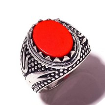Red Coral Oval Gemstone 925Silver Overlay Handmade Oxidised Carving Ring US-7.75 - £13.54 GBP