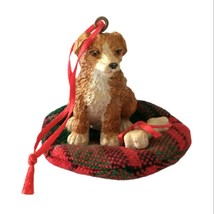 Puppy Dog Christmas Ornament Fortunoff Rescue Mutt On Bed Resin Tree Plaid Bone - £9.58 GBP