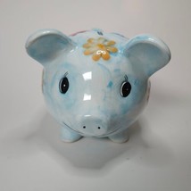 Ceramic Piggy Bank Blue Pig Pink Blue Flowers 7 in long 6 in wide 5.5 in... - $19.90
