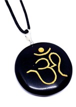Om Pendant Necklace Black Tourmaline Protection Gold Carved Gemstone Cord Lace - £13.19 GBP