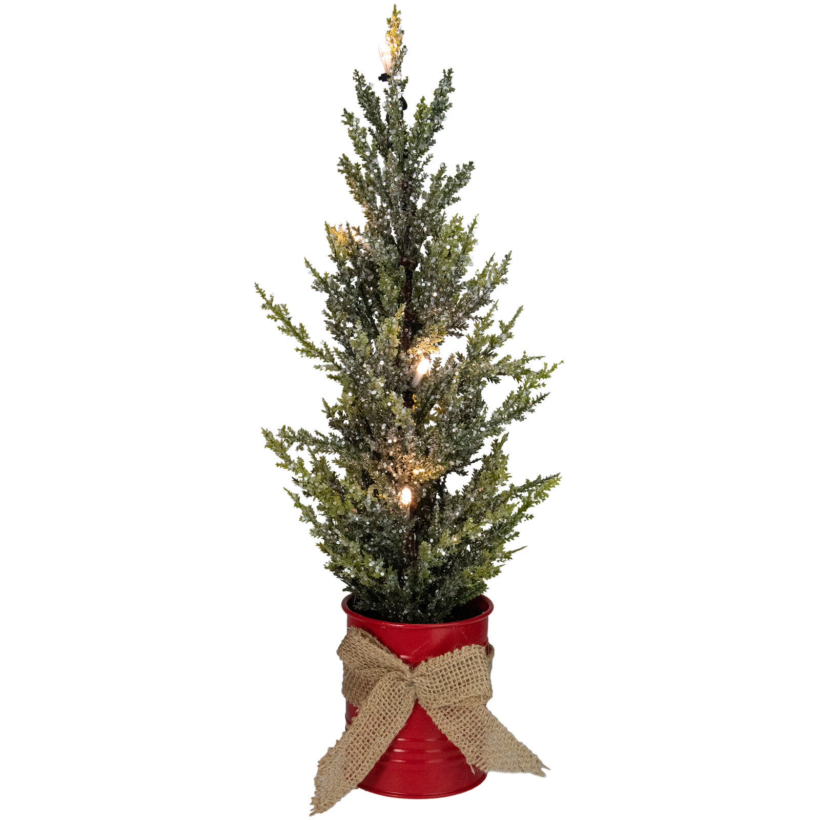 US Seller 16&quot; Red Potted Artificial Table Iced Christmas Tree Clear Ligh... - $50.38