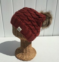 Winter Knit Beanie Hat Skull Cap Solid Rust Red With Faux Fur Pom Recycl... - £13.54 GBP