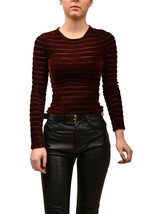 RONNY KOBO Womens Bodysuit Striped Velvet Slim Long Sleeve Brown Size XS - £66.87 GBP