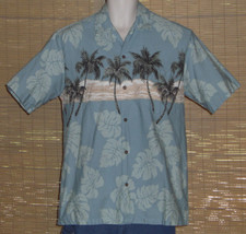 Winnie Fashion Hawaiian Shirt Blue White Tan Palm Trees Size Large - $21.99