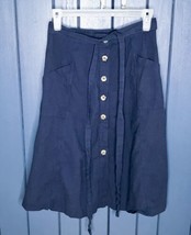 Retro Mod Smoky Navy Blue Tie Waist Button Down Skirt Fits XS Small Cott... - $17.82