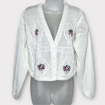 VINTAGE cream knit cropped v neck cottagecore cardigan sweater size medium - £34.72 GBP