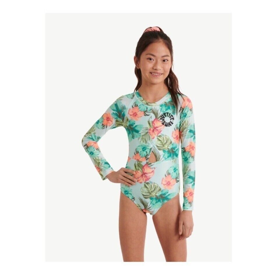 Primary image for Justice Girls Rashguard Swimsuit 1 Piece Teal Green Floral, Size M 10 NWT