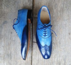 New Handmade Men 2 Tone Blue Leather Wing Tip Brogue Lace Up Dress Formal Shoes - £115.89 GBP