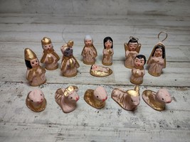 VTG Mexican Folk Art 14 Piece Painted Clay Miniature Nativity Set Christmas Gold - £20.37 GBP