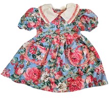 Vintage 90s Girls Size 5 Floral Party Dress Blue Pink Pockets Berries - £29.72 GBP