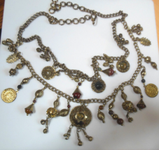 Vintage  Brass-tone Double Chain Dangle Charm Necklace/Belt 37&quot; -Adjustable - £50.61 GBP