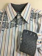 English Laundry M Blue Striped Long-Sleeve Cotton Shirt Flip Cuffs Embro... - £23.10 GBP