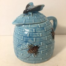 Hand Painted Insects Flies Bees Pitcher Lidded Creamer Light Blue Honey Pot Fun - £14.86 GBP