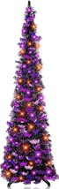 60&quot; LED Lighted Halloween Black Pumpkin PopUp Tinsel Tree 3 Modes Fall Decor - £19.29 GBP