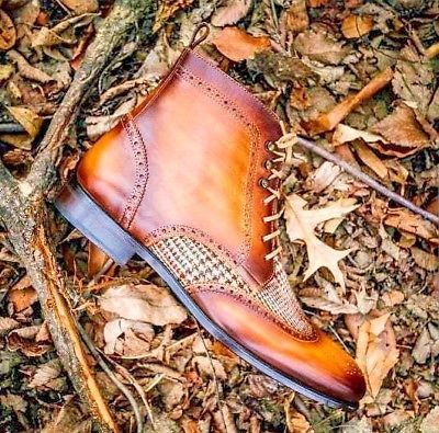 HANDMADE MEN'S LEATHER/FABRIC TWO TONE WINGTIP FORMAL/CASUAL LACE UP BOOTS