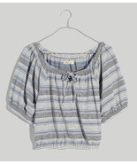 Madewell Jacquard Keyhole Puff Sleeve Crop Top Stripe Tranquil Ocean NI1... - $47.39 CAD