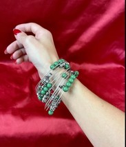 Vintage Hand Made Set of 2 Green Beaded Spiral Metal Jewelry Bracelet - £23.26 GBP