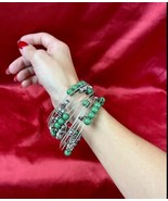 Vintage Hand Made Set of 2 Green Beaded Spiral Metal Jewelry Bracelet - £22.70 GBP