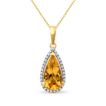 10K Yellow Gold Pear Cut Madeira Citrine 1/10Ct Diamond Halo Pendant Necklace - £135.57 GBP