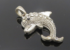 925 Sterling Silver - Shiny Cubic Zirconia Leaping Dolphin Pendant - PT9146 - £22.17 GBP