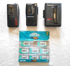 2 Panasonic and 1 Olympus micro-cassette recorders with 8 blank Maxell tapes  - £79.24 GBP