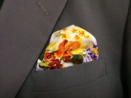 FLORAL POCKET SQUARE -  Hanky, Orange, yellow, purple,  Print, floral We... - $11.95