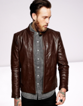 Men dark brown leather jacket motorcycle designer men biker leather jack... - £111.40 GBP