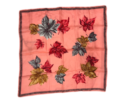 Vintage Salmon Silk Scarf 1950s 30&quot; sq Large  Autumn Leaves Pattern - $25.84