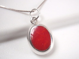 Reversible Red Coral and Mother of Pearl 925 Sterling Silver Oval Necklace - £23.00 GBP