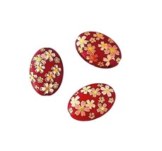 5 pcs Japanese Tensha Red Gold Cherry Blossoms Flat Oval Acrylic Beads 19x14mm - £9.72 GBP