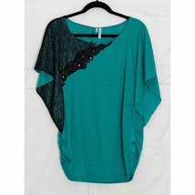 Studio Y Black Lace Applique Green Knit Designer Blouse Top Short Sleeve Sz XL - £31.34 GBP