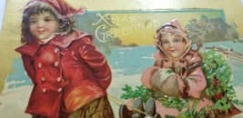 Antique 1909 Christmas Greetings Embossed Cute Kids Sledding A4 - £7.55 GBP