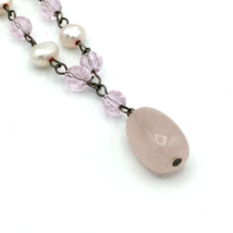 ROSE QUARTZ &amp; freshwater pearl pendant necklace - sterling silver pink stone 17&quot; - £19.98 GBP