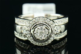Diamond 3 Piece Bridal Set 14K White Gold Fn Round Flower Design Engagement Ring - £84.94 GBP